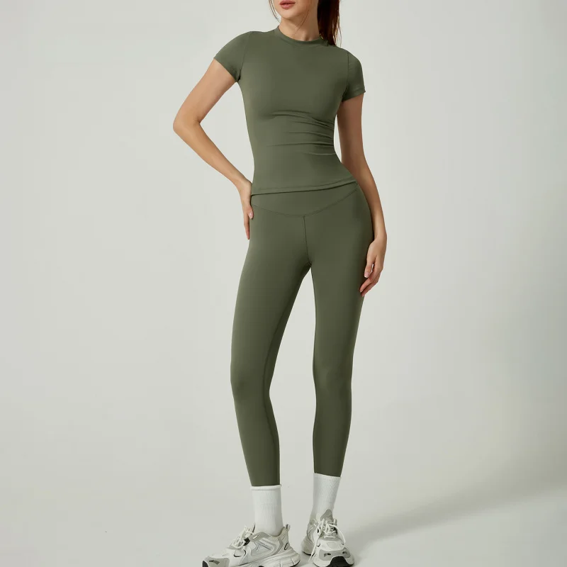 

Женский элитный весенне-летний комплект для йоги, топ с короткими рукавами и брюки, комплект из двух предметов в европейском и американском стиле, трансграничный