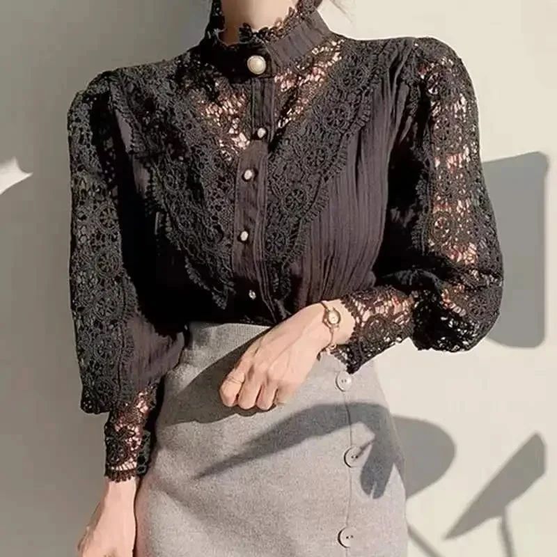 Fashion Petal Sleeve Lace Blouses Women Stand Collar Shirts Female Hollow Out Patchwork Ladies Top Flower Blouse Blusas 410G