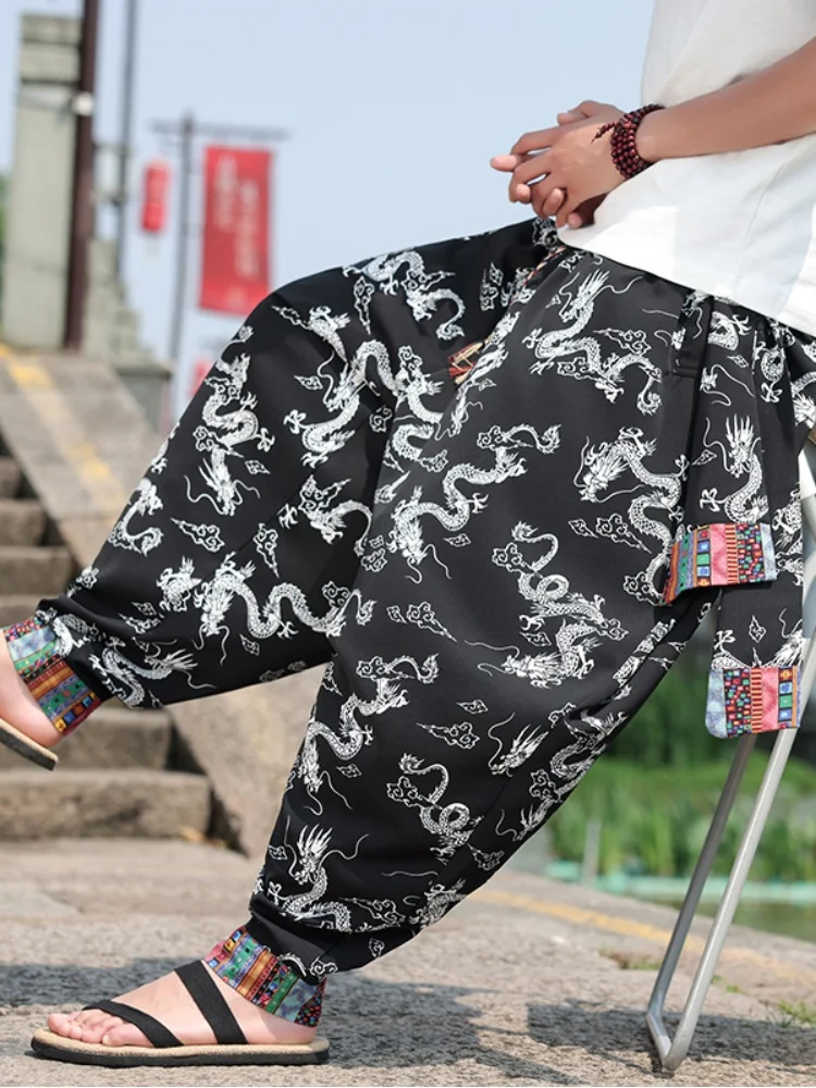 

Новые китайские брюки из ледяного шелка свободного кроя с принтом для мужчин, летние модные повседневные прямые брюки-фонарики