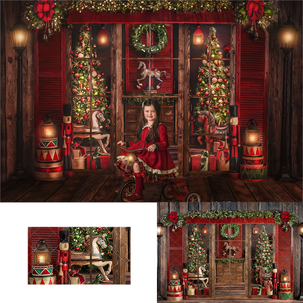 

Joyful Holiday Entry Backdrop Kids Adult Photography Child Baby Photocall Decors Wooden Door Xmas Trees Backgrounds