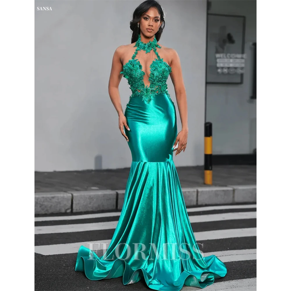 

Sansa Customized Green Mermaid Halter Neck Backless Prom Dress Floral Embroidery Vestidos De Noche Floor-Length Formal Evening