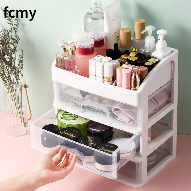 New Cosmetics Storage Box Three Layer Drawer Makeup Jewelry Organizer Desktop Lipstick Nail Oil Container Beauty Cosmetic Case