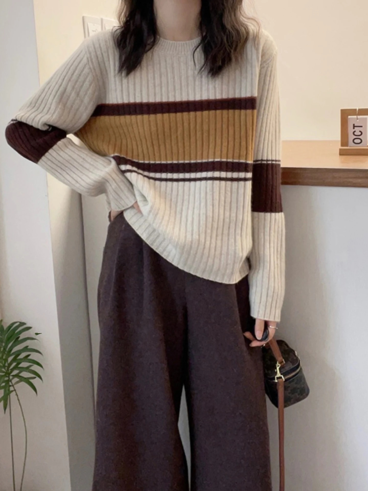 Cómodo suéter de punto para ir al trabajo Sle suelto largo Sve Casual invierno Faion Top mujer redondo Ne rayas Base irt