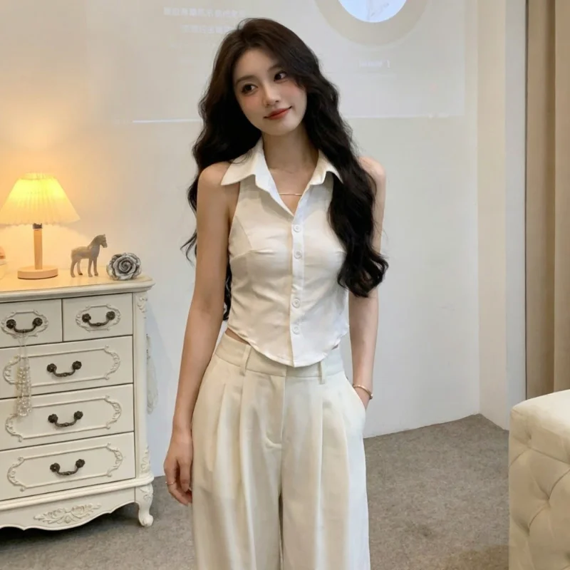 Sexy Spicy Girl Single Button Shoulder Bared Neck Collar Vest Women Spring Elegantly Slimming Short Outerwear Top