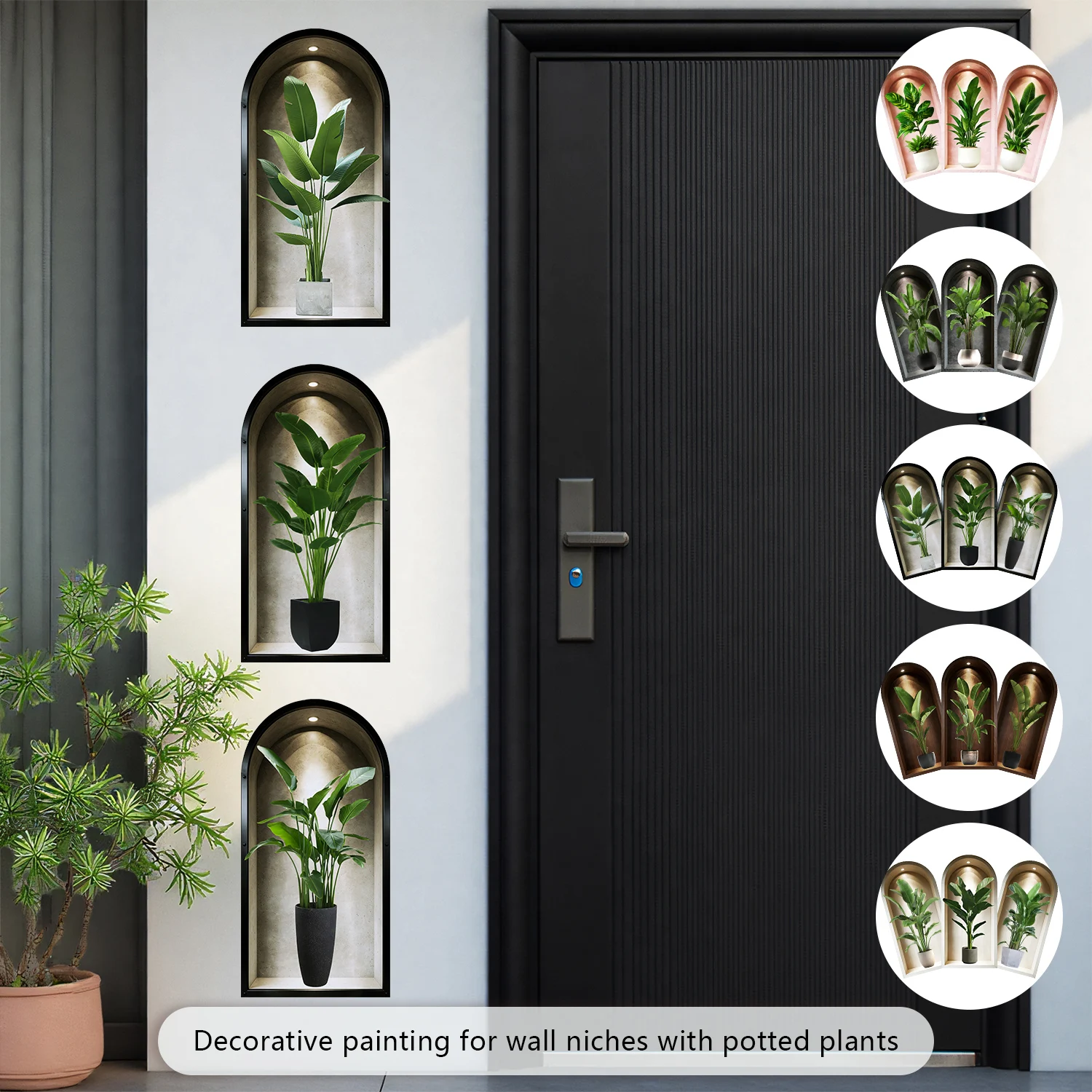 10 Styles 3pcs/set Green Plants Simulated Archway Niche Potted Plant Painting Wall Stickers Peel & Stick Art Mural Wall Decals