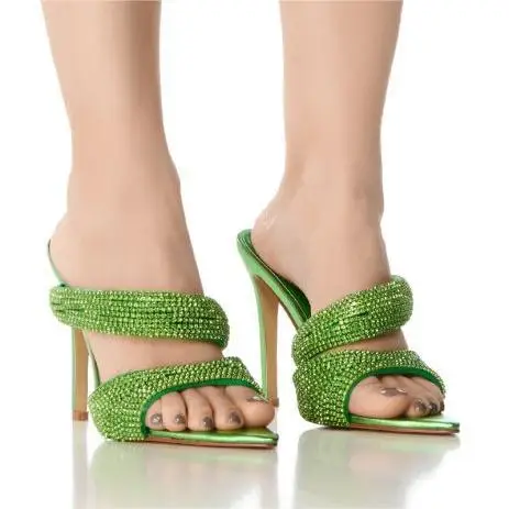 

Green Rhinestone Pointed Open-Toe Slippers Sexy Large-Size Sandals for Outdoor Wear Fashionable Versatile Women High Heels