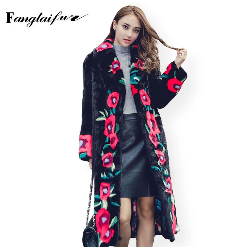 Ftangaiur Abrigo de Piel de Visón Importado de Invierno, Manga Larga, con Cuello de Solapa y Diseño Floral para Mujer, Abrigos de Piel de Visón Natural de Longitud Media