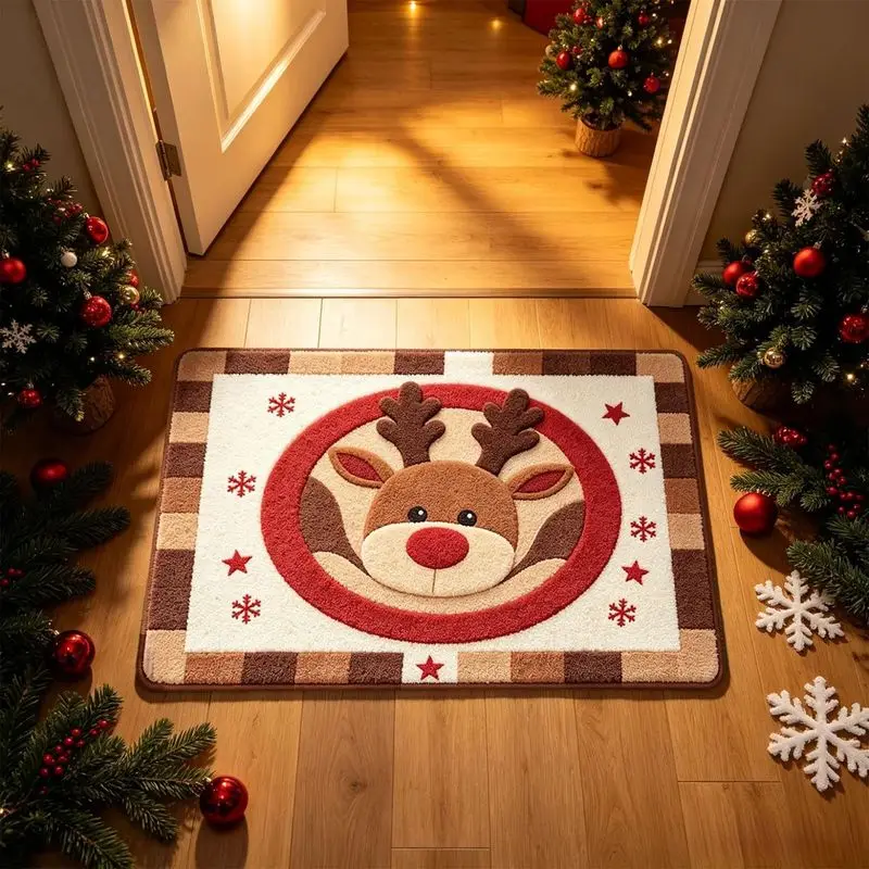 VIKAMA Christmas Door Mat Reindeer Red Nose Plaid Border Print Entryway Mat Non Slip Indoor Holiday Winter Cozy Home Decor