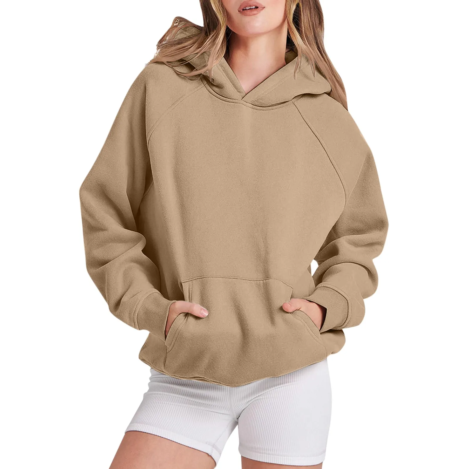 

Women Solid Basic Hoodies Casual Loose Sweatshirt Long Sleeve Pocket Drop Shoulder Pullovers Young Style Hoodies for Women