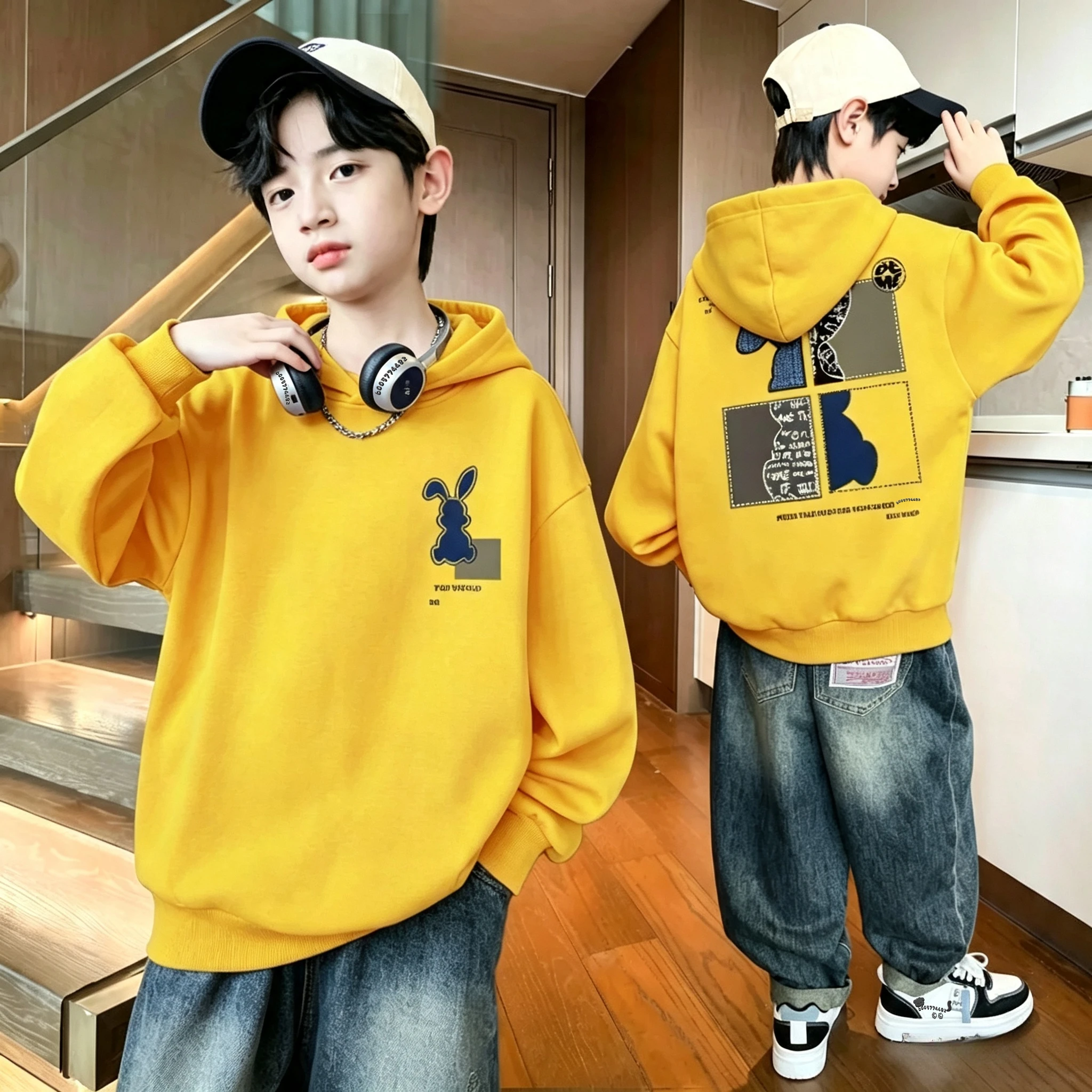 Fall/Winter Retro Rabbit Pattern Children's Hooded Sweatshirt - Trendy, Comfortable, Soft and Loose Pullover Sweater