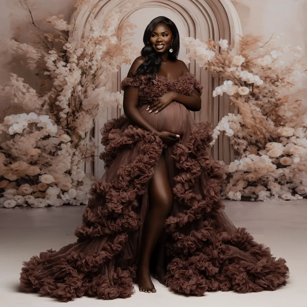 

Dark Brown Prom Dresses Women Pleated Tulle Maternity Photoshoot Dress Customized Tiered Ruffles Boho vestido de novia
