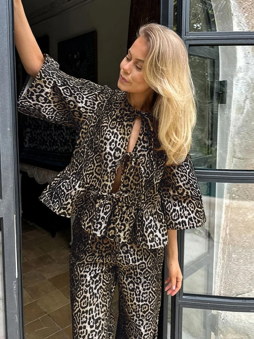 Mathaqiqi Leopard Print Women Nightwear Suit O-Neck Sleepwear Half Sleeve Pajama Lace Up Nightie Pants Casual Ladies Pyjamas Set