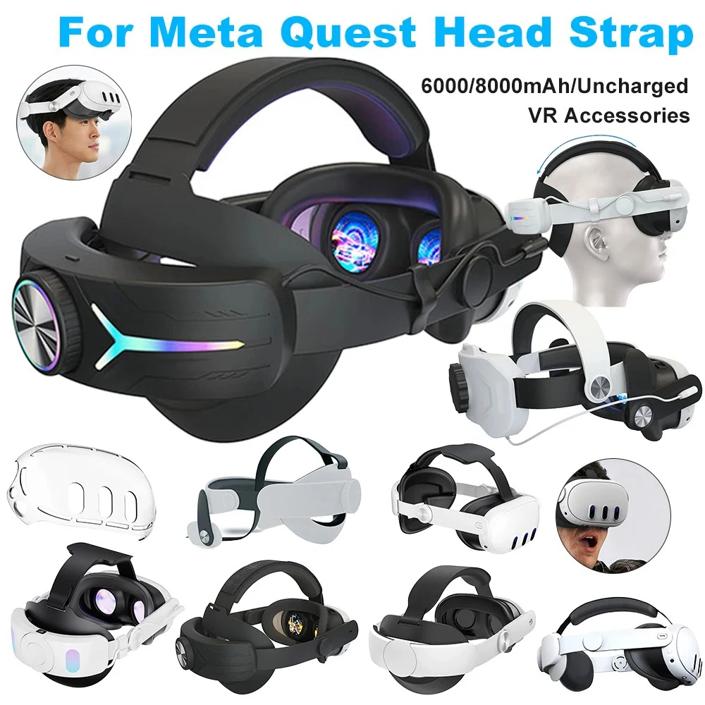 For Meta Quest 3 Adjustable Head Strap 6000/8000mAh Rechargeable VR Head Band LED Backlight Lightweight Head Strap VR Accessorie