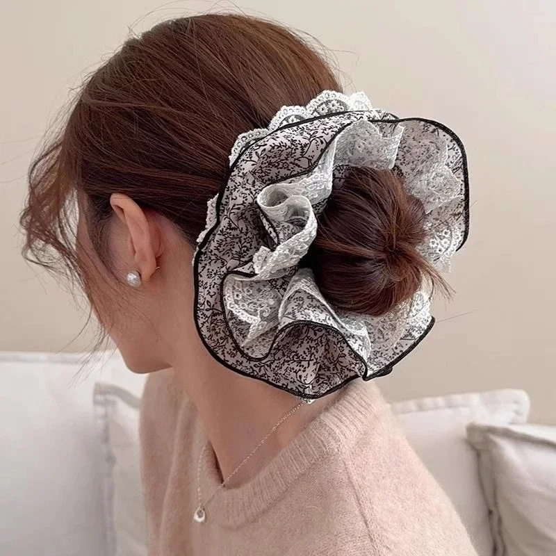 1 Pcs Fresh Small Floral Large Hair Loop New Exquisite Hair Rope Lace Edge Girl French Large Intestine Loop Hair Accessory