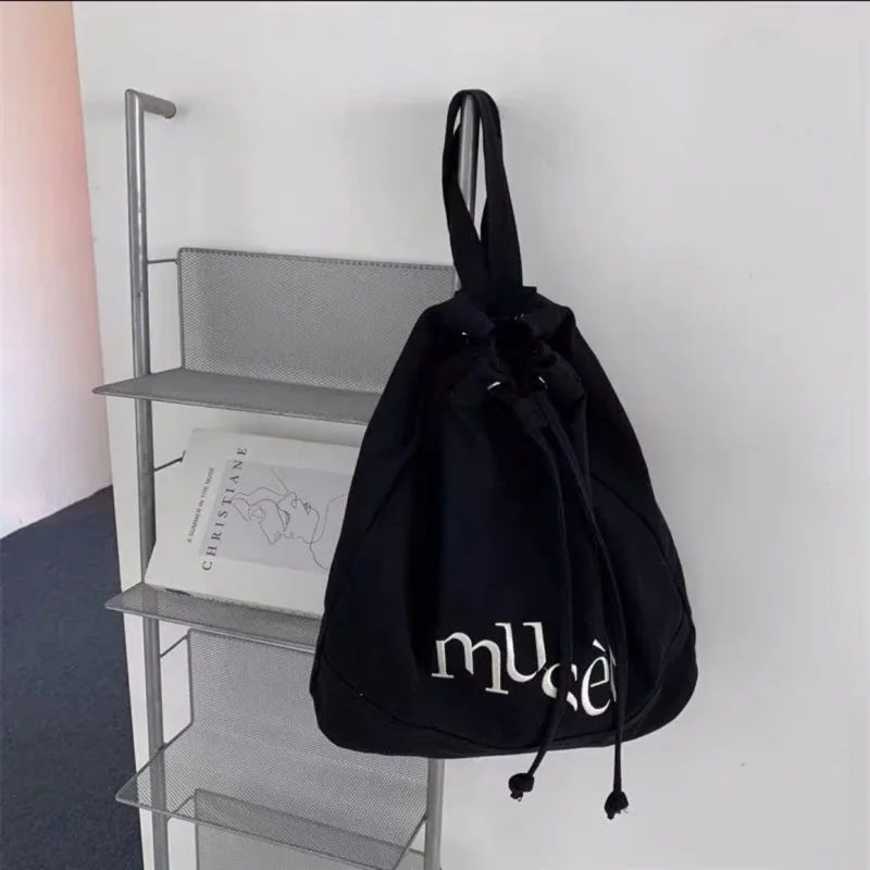 Coreano bordado letras Drawstring mochila, Casual grande capacidade schoolbag, estudante lazer viagem bolsa