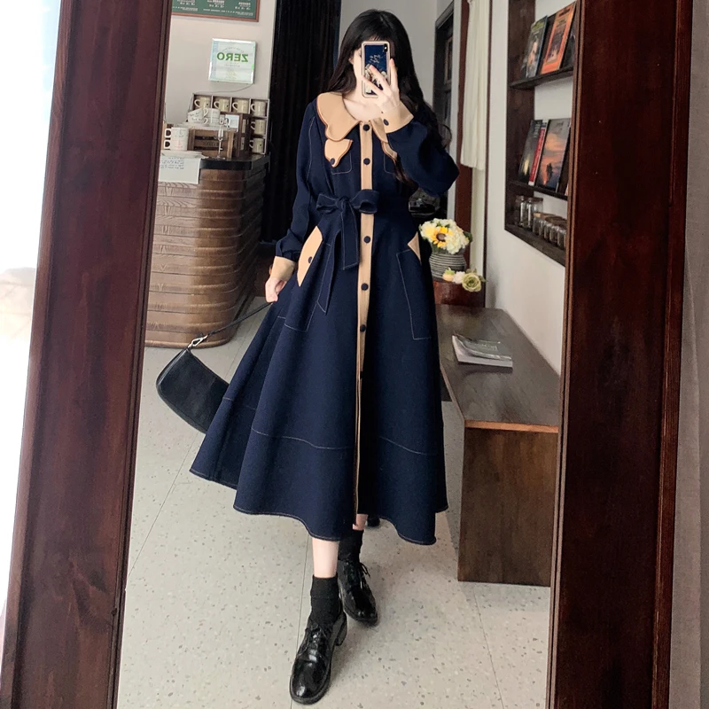 Vestido camisero de manga larga para mujer, cuello de muñeca, 3XL talla grande, elegante, azul marino, Vestido suelto de un solo pecho, Otoño e Invierno