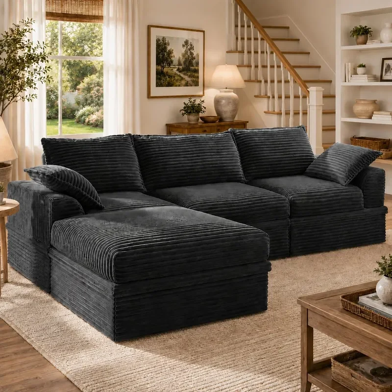 Upgraded Boneless Couch with Storage Sectional Couches for Living Room L-Shaped Modular Cloud Corduroy Sofa with Ottoman and