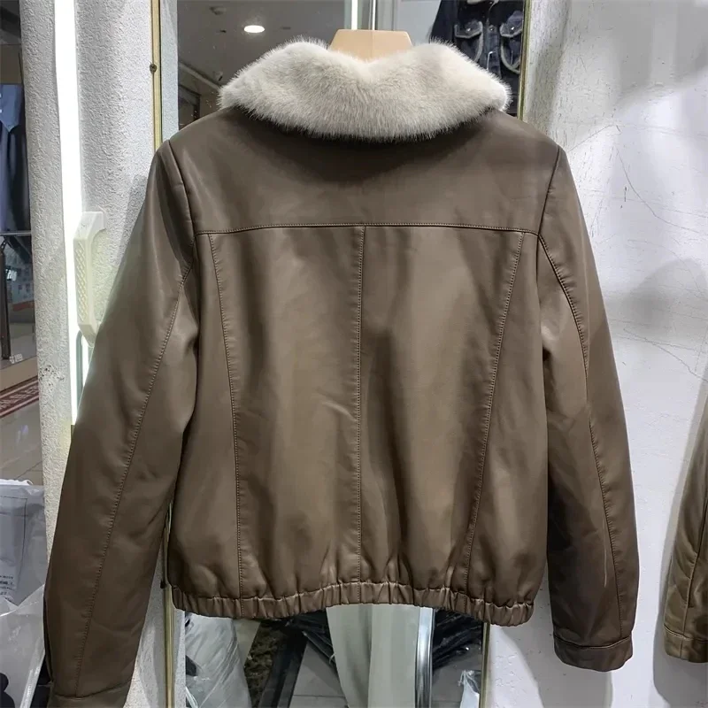 

Popular Fur Collar and Plush Leather Jacket for Women 2025 Winter New Loose Small Stature Short Loose PU Motorcycle Jacket For