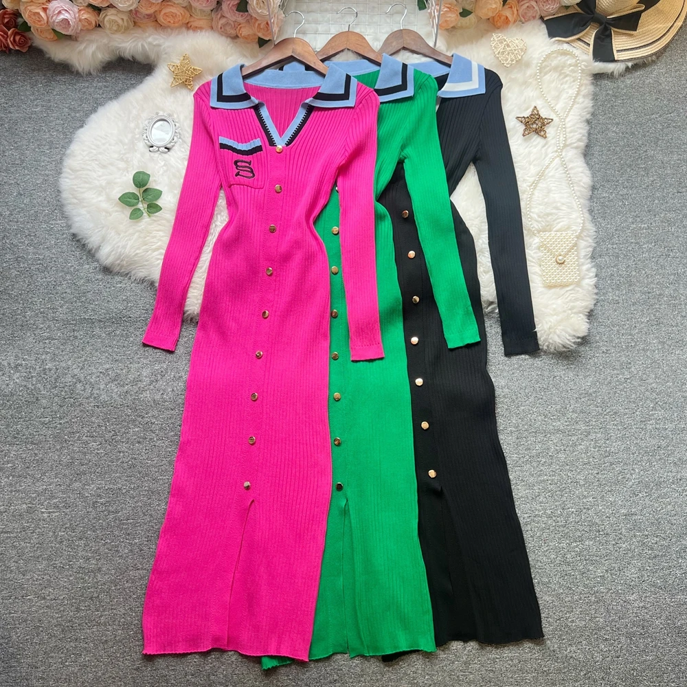 YuooMuoo Chic Mode Sexy Paket Hüften Gestrickte Maxi Kleid Frauen Französisch Stil Elegante Stickerei Schlank Langarm Pullover Kleid