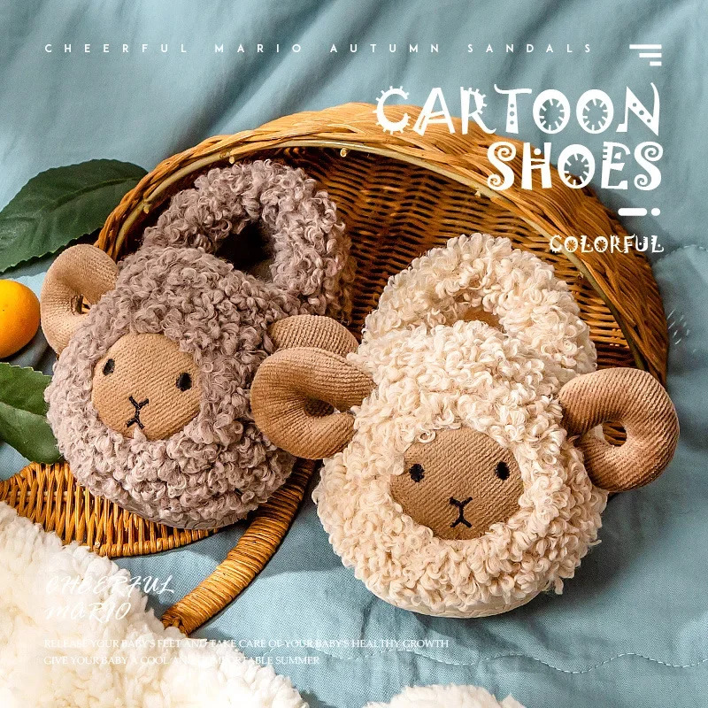 Children Cartoon Sheep Cute Shoes Soft Autumn Winter Warm Boys Girls Baby Plush Fur Non-slip Slipper Heel Wrap Home Flat Shoes