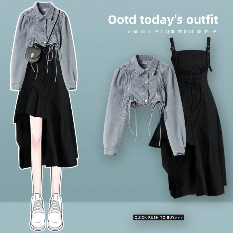 Autumn Fashion Set Women's High-Cold Lady Style Denim Jacket Slimming Asymmetrical Dress Two-Piece Set for Ages 18-25