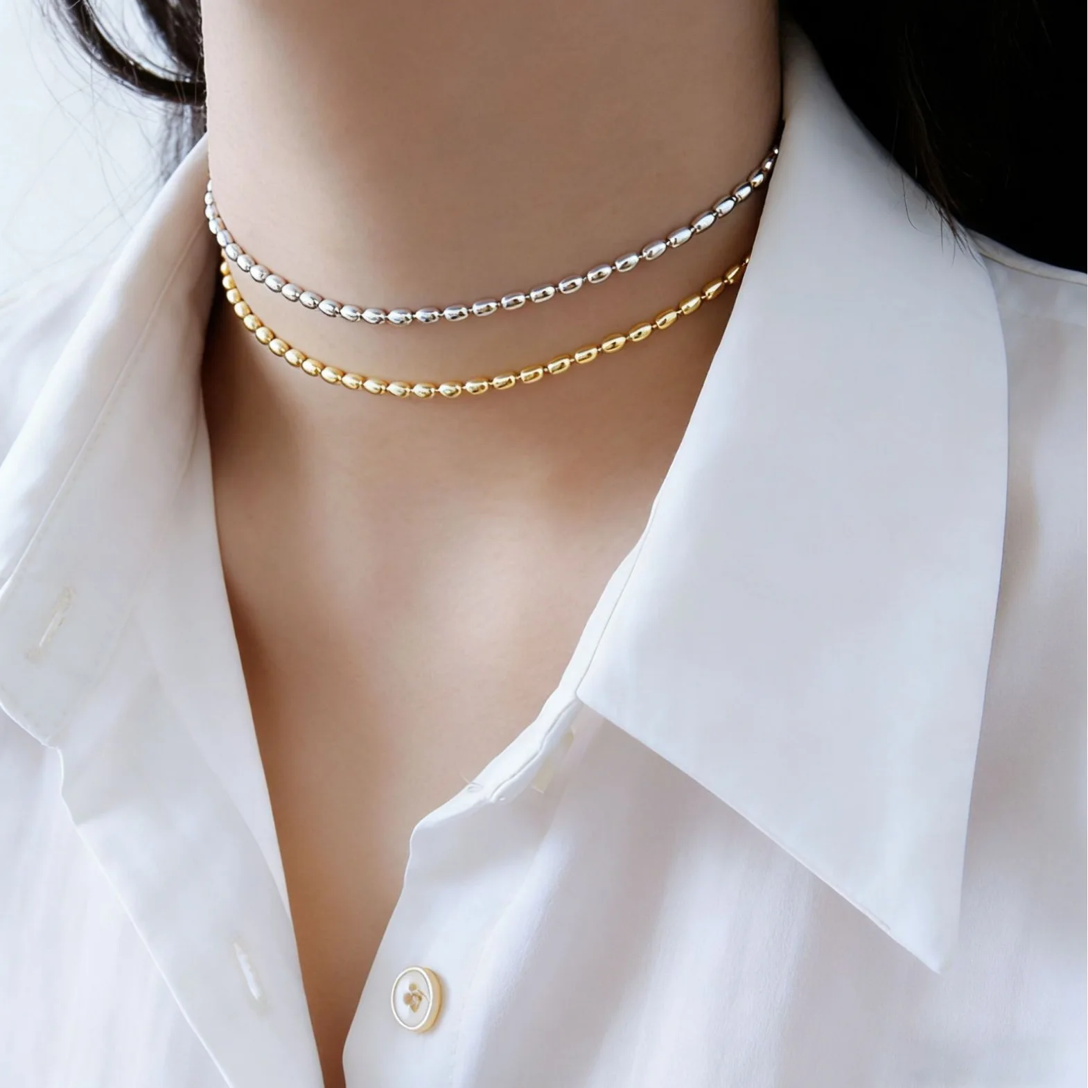 

925 Sterling Silver Necklace For Women Adjustable Necklace Round Gold Beads Choker Necklaces Birthday Gift Accessary