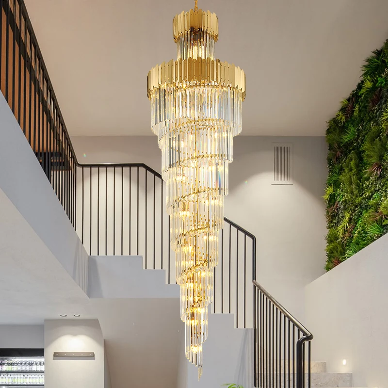 

Modern Stair Crystal Chandelier High Ceiling Gold Long Pendant Light Loft Living Room Villa Entrance Hotel Lobby Hanging Lamp