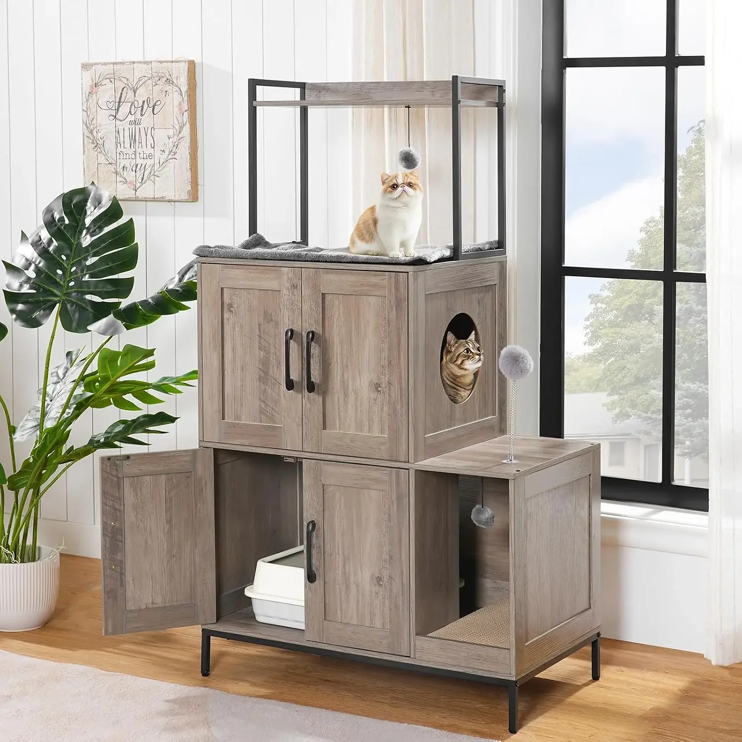 Cat Litter Box Enclosure Furniture, 2 in 1 Hidden Litter Box Furniture with Shelf, Double Litter Box Cabinet with 2 Dangling Plu