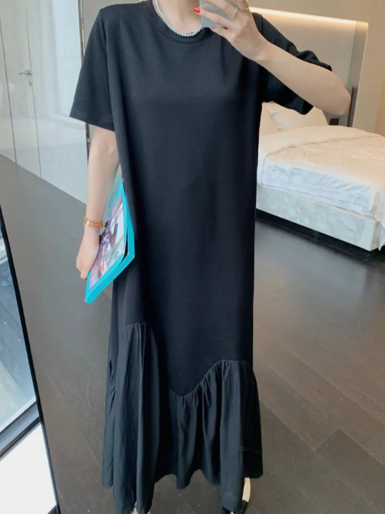 ฤดูร้อนหลวม Patchwork T เสื้อจีบผู้หญิง Oversize Elegant Vintage ผ้าฝ้ายสุภาพสตรีชุดสีดําชุดผู้หญิง Vestidos