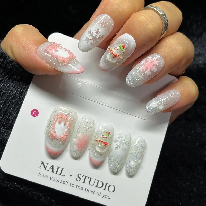 

10PCS Christmas Medium Oval Press on Nails Handmade 3D Snowman Pink Bow with Snowflake French False Nails Glitter White Manicure