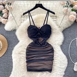 Foamlina Sexy Spaghetti Strap Bodycon Mini Dress for Women Fashion V Neck Sleeveless Backless Slim Ruched Mesh Night Club Dress