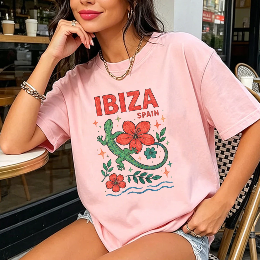 Ibiza Spain Lizard Flower Graphic Tee Tropical Vacation Island Souvenir Short-sleeve Tshirt Trendy Women Men Cotton Casual Shirt