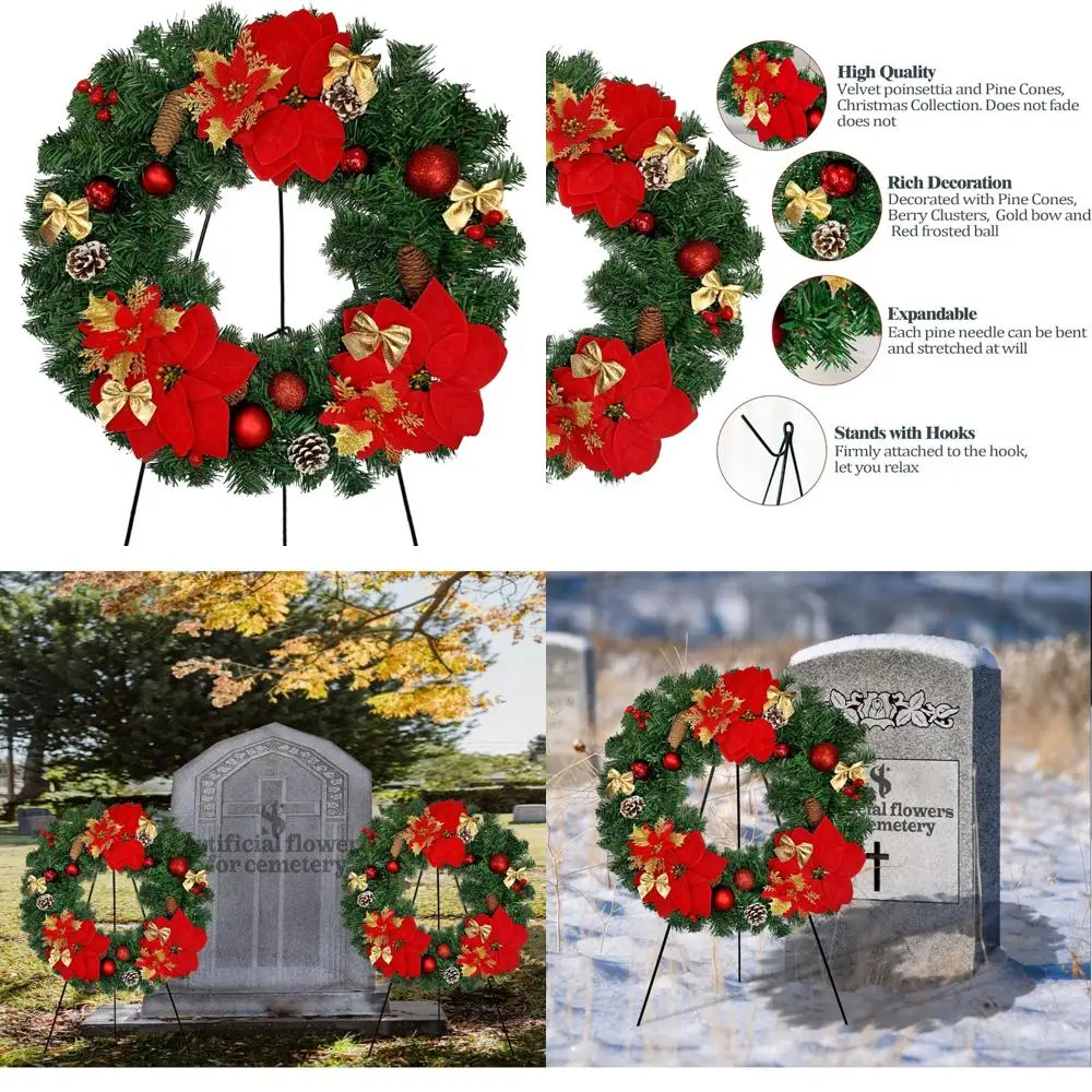 

Рождественские венки ручной работы для кладбищенских гравмов с 30 подставками для мольберта, цветочные украшения из шелковой пуансеттии