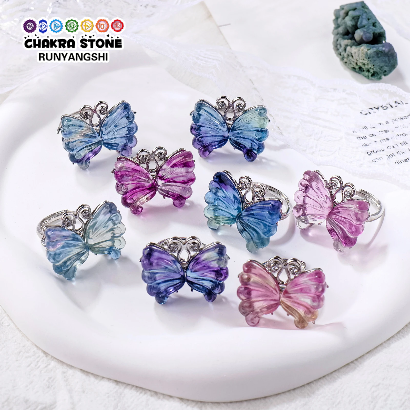 Natural Crystal Stone Colorful Fluorite Butterfly Ring Exquisite Woman Jewelry Ring Decoration Rainbow Gem Gifts For Ladies