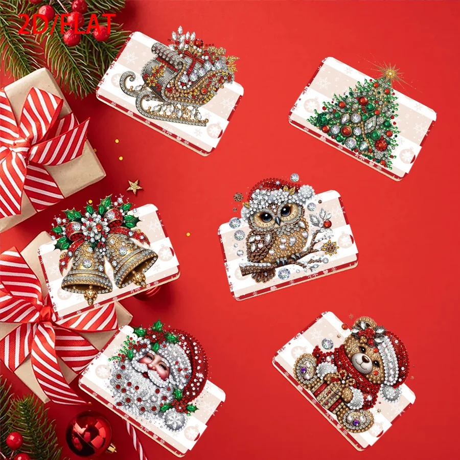 6-Piece Diamond Painting Foldable Irregularly Shaped Greeting Card Set - Christmas Tree Bells and Santa Claus, DIY Holiday Gift