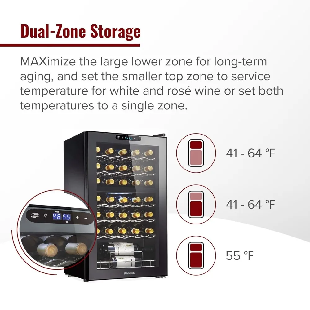 32-Bottle Dual Zone MAX Compressor Wine Cooler, Freestanding Mini Fridge with Digital Touchscreen, LED Display, Customized