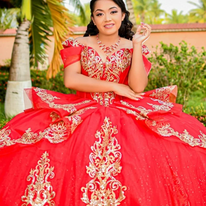 

Customized Shiny Red Quinceanera Dresses Off the Shoulder golden applique layering Long tail Bow Vestido 15 Quinceanera