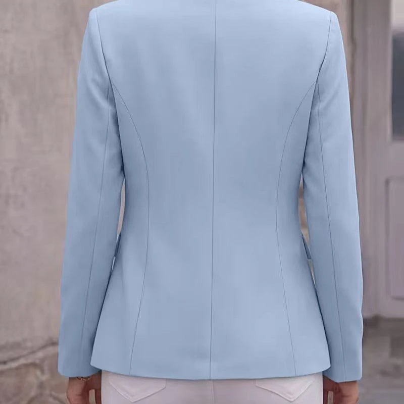 Women Spring Autumn Light Blue Slim Fit Blazer Long Sleeve Notch Lapel Single Button Office Business Casual Suit Jacket