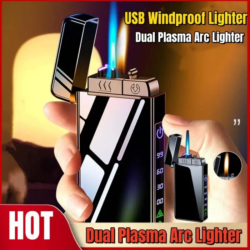 Flame Electric Pulse Plasma Dual Arc Lighter Metal Outdoor Windproof Blue Red Flame Torch Jet Lighter Does Not Contain Ga