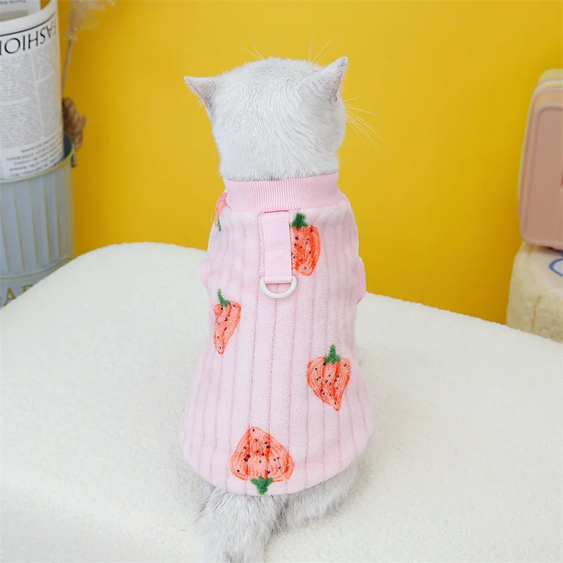 Strawberry Print Cat Puppy Sweater Autumn Winter Pet Clothing Plush Pullover with Pull-tab Low Price Kitten Clothes Sphynx Coats