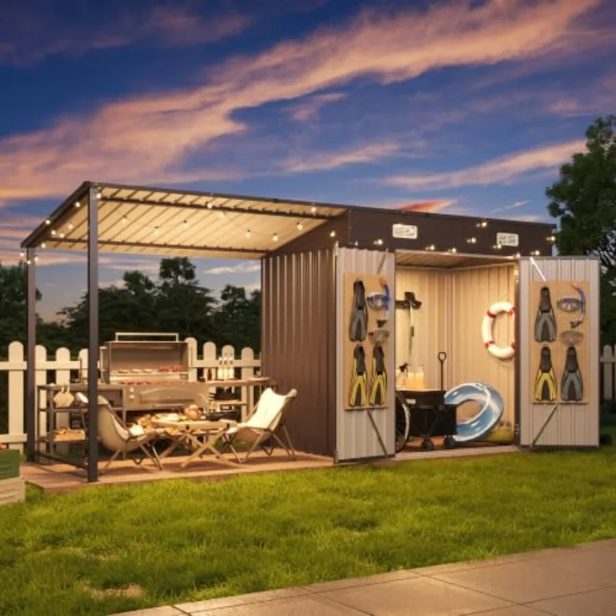 Outdoor storage shed hardtop gazebo combo for backyard use, galvanized steel frame, charcoal gray finish, rust-resistant and we