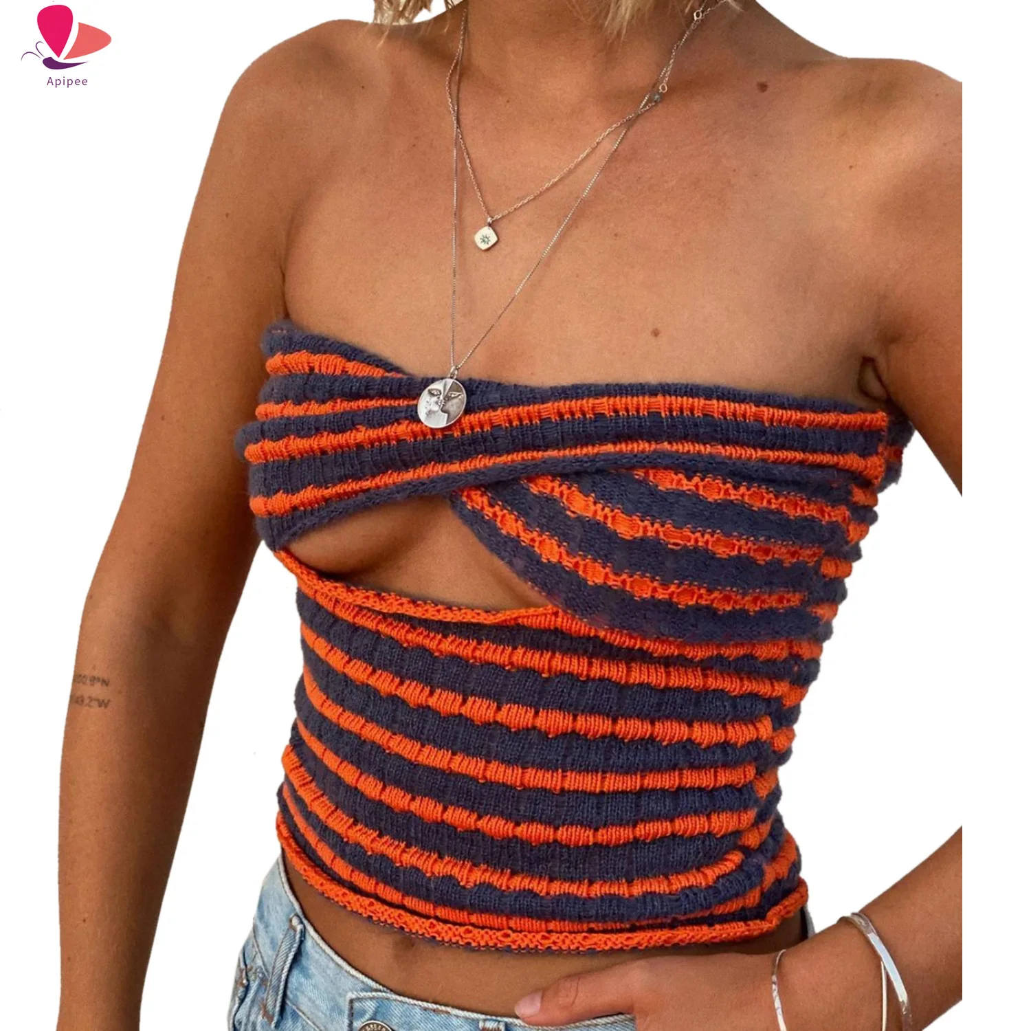 APIPEE 2024 Strapless Knitted Tube Crop Top Vest Women Hollow Out Sleeveless Summer Autumn Backless Y2K Tank Vintage Fashion