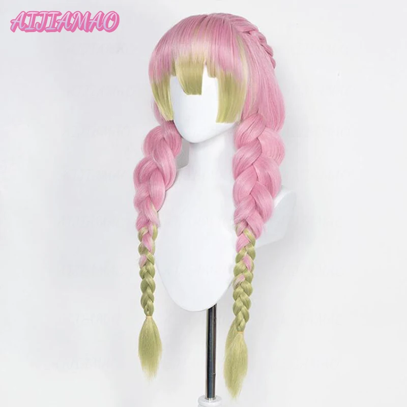 Mitsuri Oke Roji Anime Cosplay Perruque + WigCap, Cheveux Longs, Rose, Vert, Degré de Chaleur, Costume