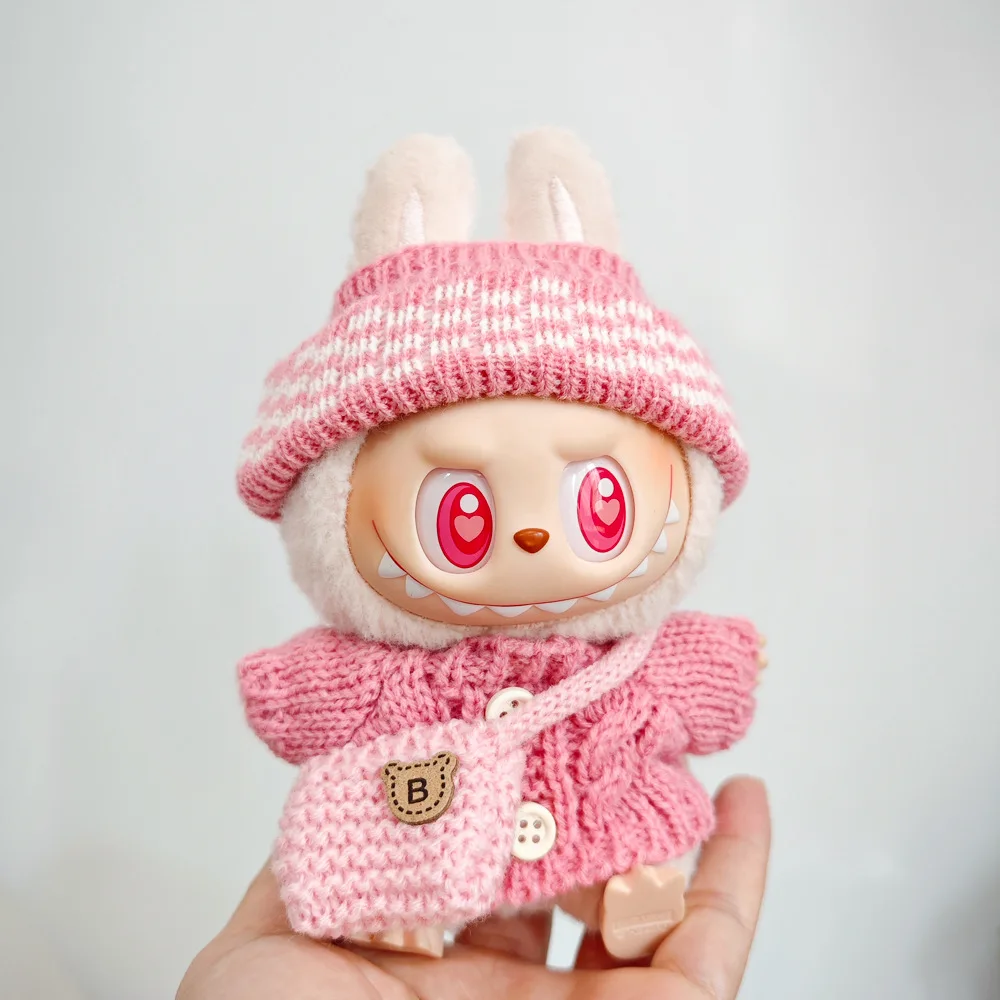 Kleidung für Labubu 17 cm II Idol Puppen sitzende Party Das Monster Outfit Zubehör Kleidung schönes Geschenk süßer Pullover Hut und Tasche