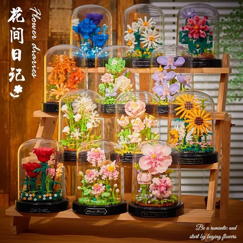 

Building Blocks Toys Potted Plants Immortal Flowers Ornaments Gifts Valentine's Day Assembled Flowers
