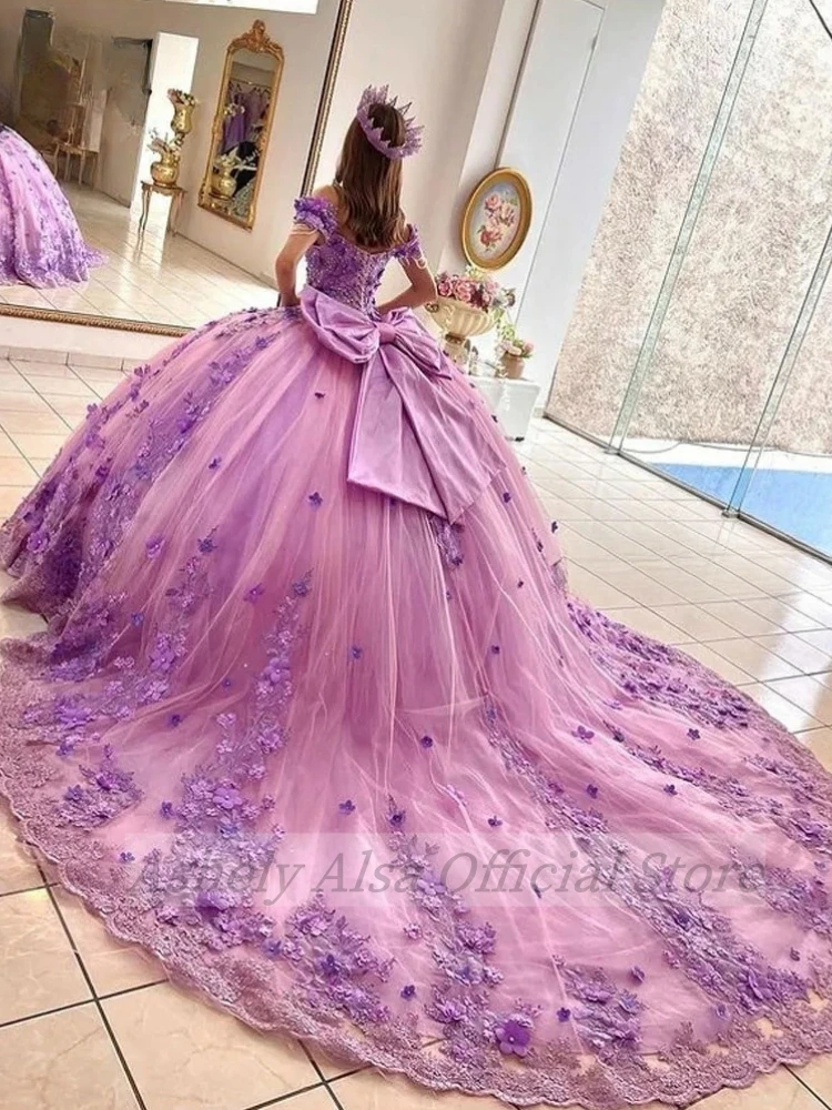 ที่กําหนดเองเม็กซิโก Lilac Quinceanera ชุดสําหรับ 15th ปีสาว V คอดอกไม้ Lace Up หวาน 16 Party ชุดราตรี Vestidos De XV Años