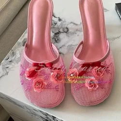 Pink Mesh Sequin Slide Beaded Chinese Slippers Floral Embellished Shoes Summer Round Toe Wine Glass Heel Black Low Heel Mules