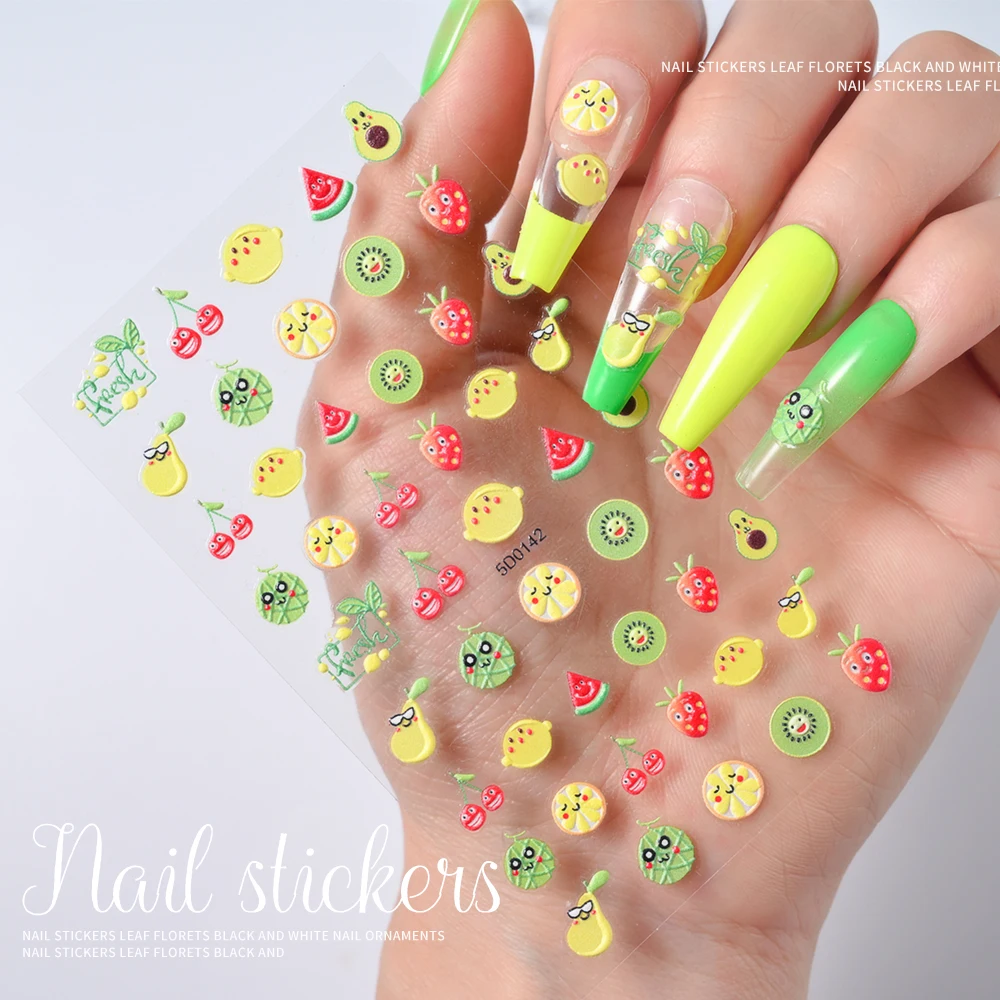 Green Avocado Cute Stickers Summer Fruity Cartoon Design Sliders Lemon/Watermelon/Strawberry Nail Charming 5D Adhesive Decals *(