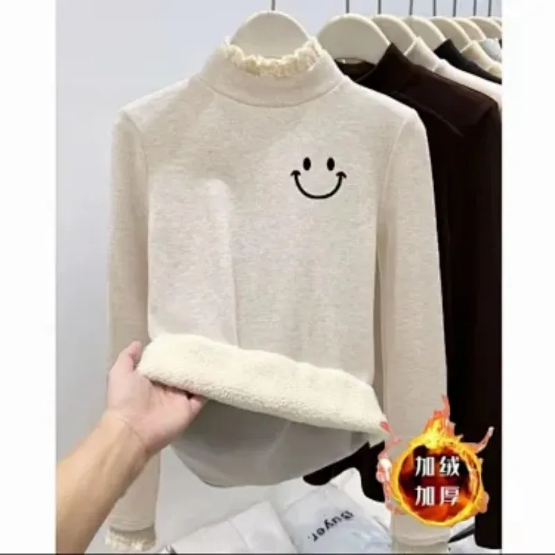 Sweet Women Half Turtleneck Lace Trim Top Autumn Winter Fleece Lined Thermal Dralon Bear Print Slim Fit Long Sleeve Undershirt