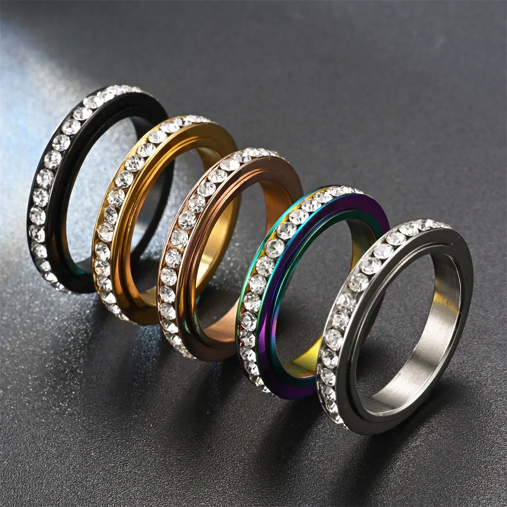 4mm New Stainless Steel Rotatable Wedding Ring Fashion Charm CZ Crystal Anniversary Rings For Women Girls Jewelry Wholesale